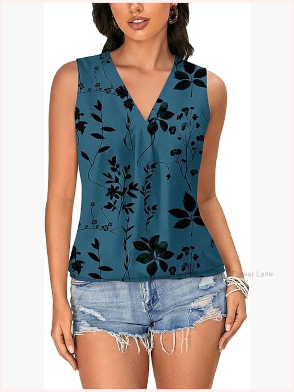 Sleeveless Floral V Neck Blouse Dressy Casual Work Top